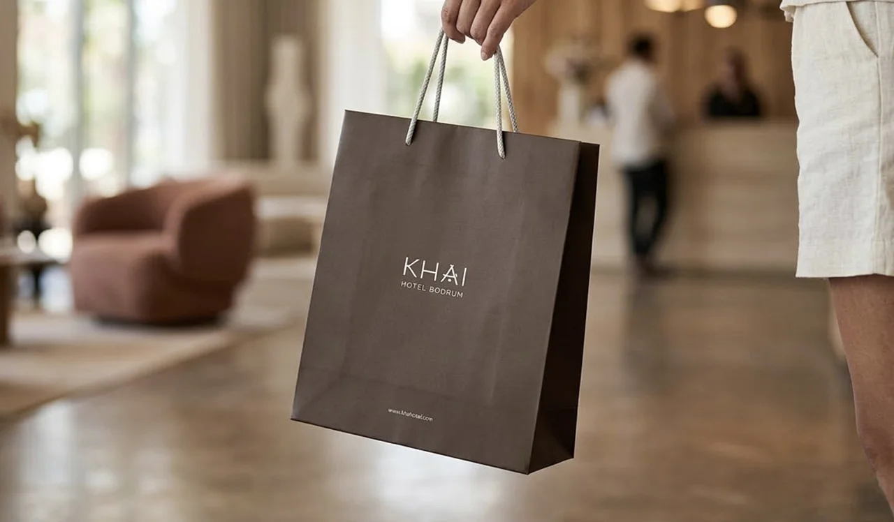 KHAI Hotel branded luxury paper shopping bag being held in a modern hotel lobby
