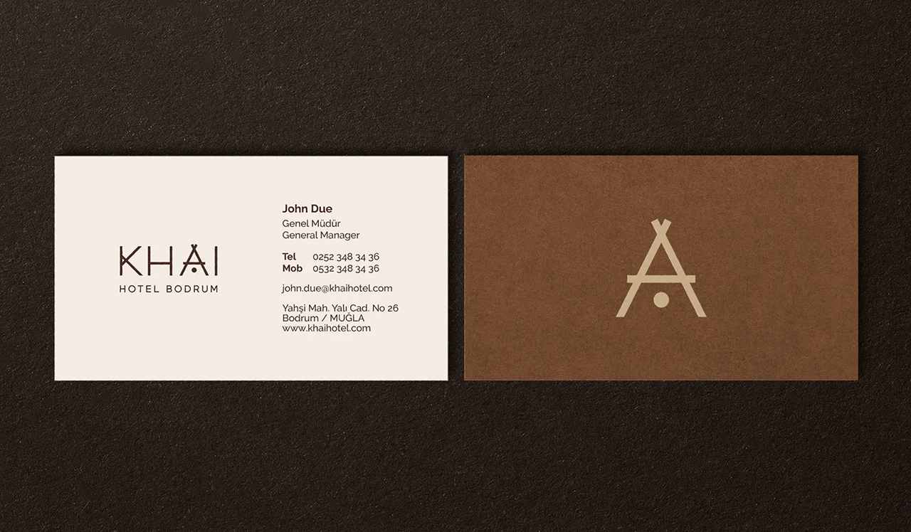 Minimalist business card design for KHAI Hotel showing front and back layouts with premium paper texture
