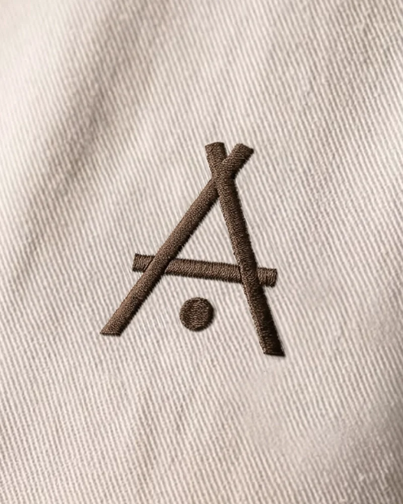 Close-up of Khai Hotel brand emblem on beige linen staff clothing