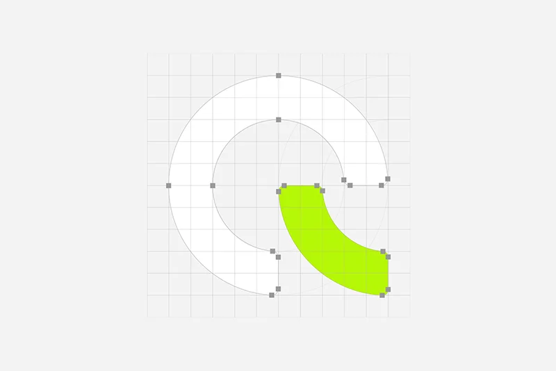 Vector logo design process showing grid system and anchor points for QTS brand