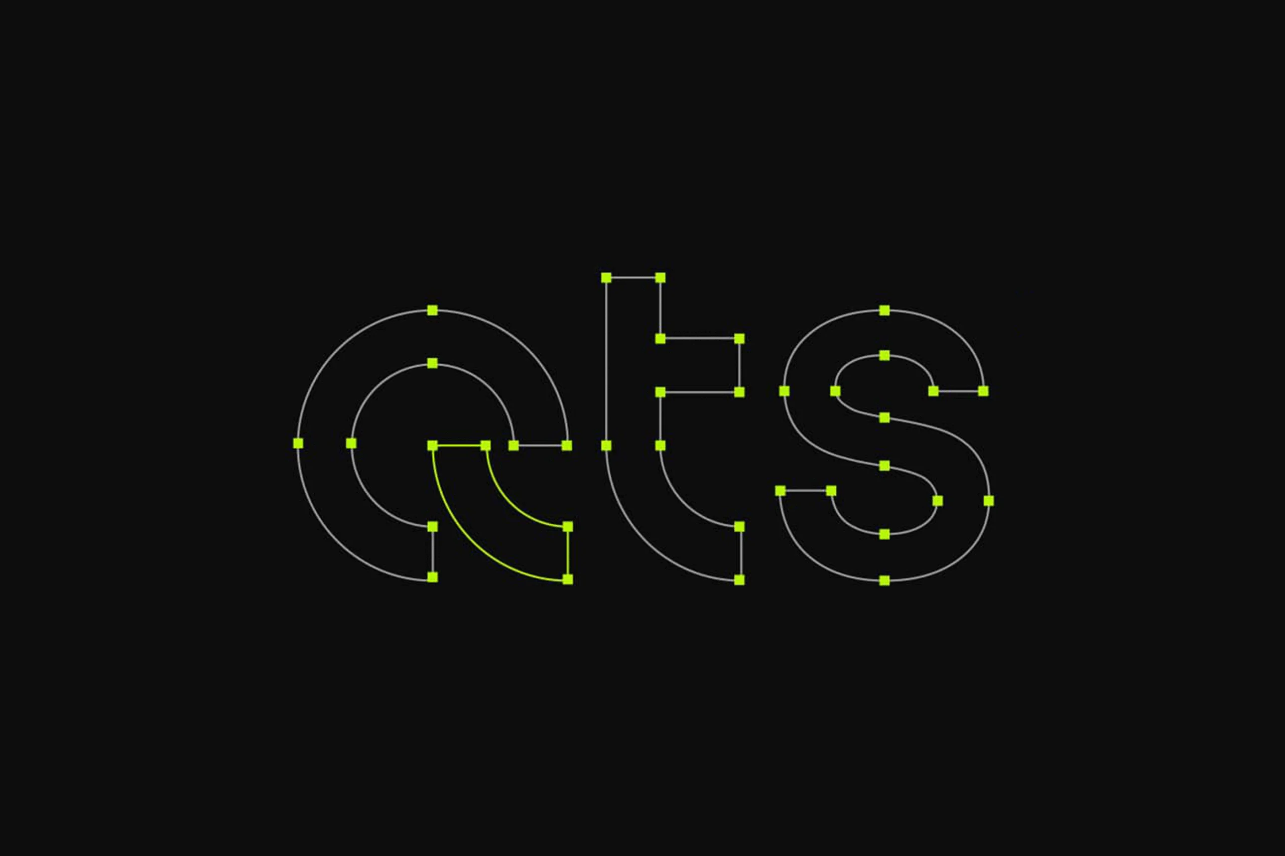 QTS logo design process showing bezier curves and vector outlines on a dark background