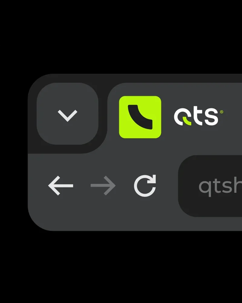 Mobile browser interface UI design mockup featuring the official QTS logo and icon